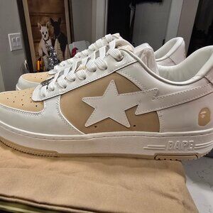 A Bathing APE BAPE White & Beige BAPE STA #6 Leather Sneakers 1K80191306 Mens 12